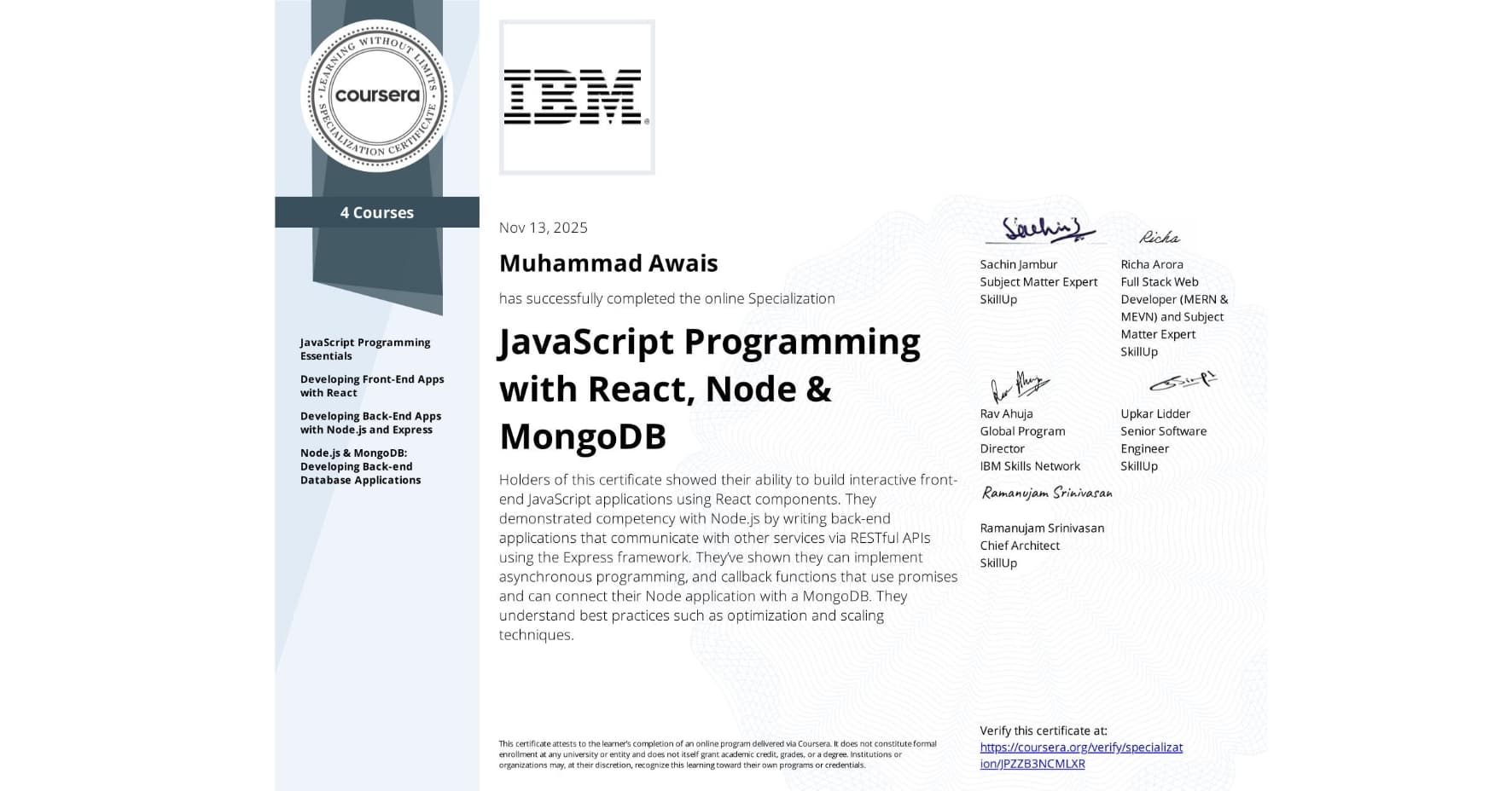 JavaScript Programming with React, Node & MongoDB